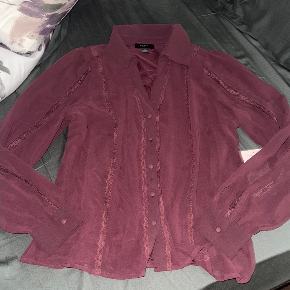 Have Red Button Down Blouse with Notched Collar